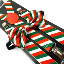 Christmas Red Green Candy Cane Suspender and Bow Tie Set Men Women Accessory