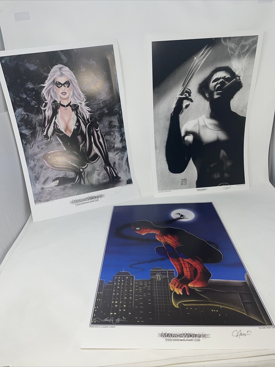 LOT OF 3 MARC WOLFE SIGNED PRINTS BLACK CAT WOLVERINE SPIDERMAN | eBay