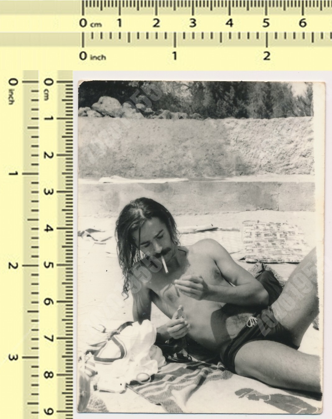 Shirtless Man Relaxing on Beach Smoking Cigarette Mustache Trunks Bulge PHOTO