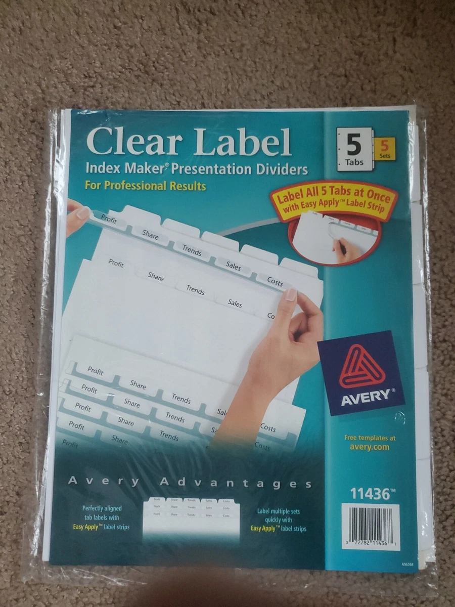 Avery Print &amp; Apply Clear Label Dividers w/White Tabs 5-Tab Letter 5  Sets 11436 | eBay