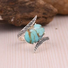 Natural Kingman Turquoise 925 Sterling Silver Bypass Band Ring Mother's Day Gift