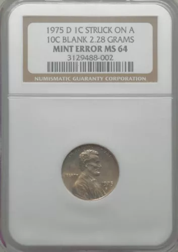 1975-D NGC MS64 Lincoln Cent on Dime Blank  🔴 Dramatic, Elusive 1C on 10C Error