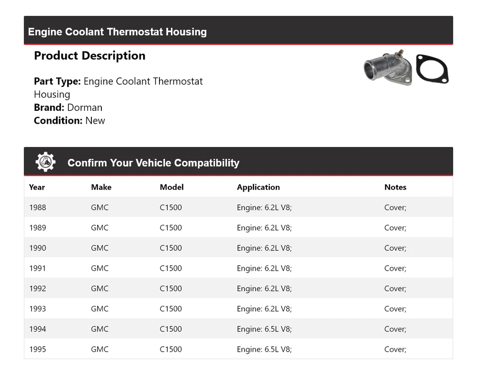 For 1988-1995 GMC C1500 Dorman Engine Coolant Thermostat Housing 1989 1990 1991 - Image 2 of 4