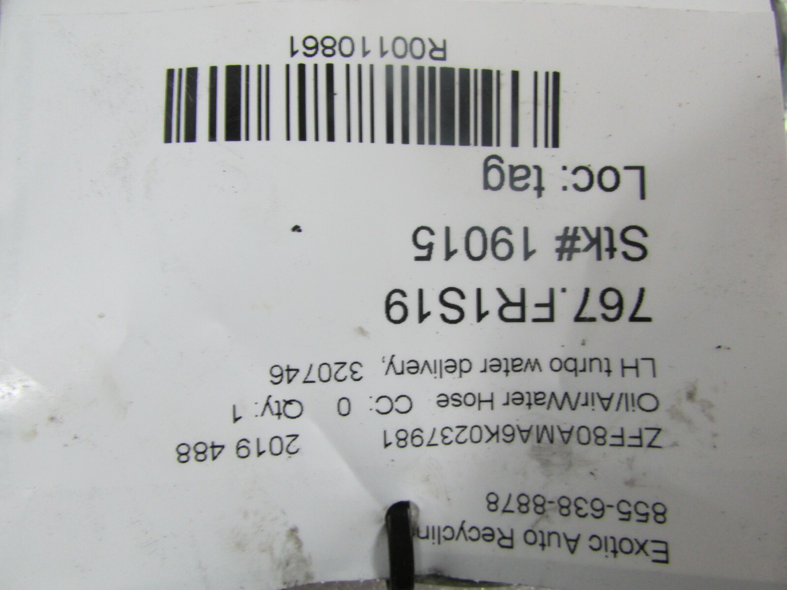 Ferrari 488, LH, Left Turbo Water Delivery Hose, Used, P/N 320746