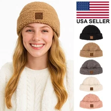 C.C Exclusive Unisex Winter Soft Sherpa Cuff Beanie Hat with C.C Suede Logo