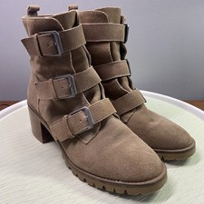 Crown Vintage Asia s Women s Suede Leather Ankle Boots Tan Block Heel Sz.8.5