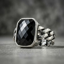925 Sterling Silber Herren Ring Facettiert Schwarz Zirkonia Stein Kette Glied...