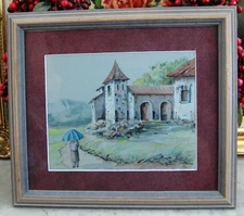 FRAMED SIGNED ORIGINAL WATERCOLOR OLD EUROPEAN VILLAGE LANDSCAPE SCENE BY ELOYZA