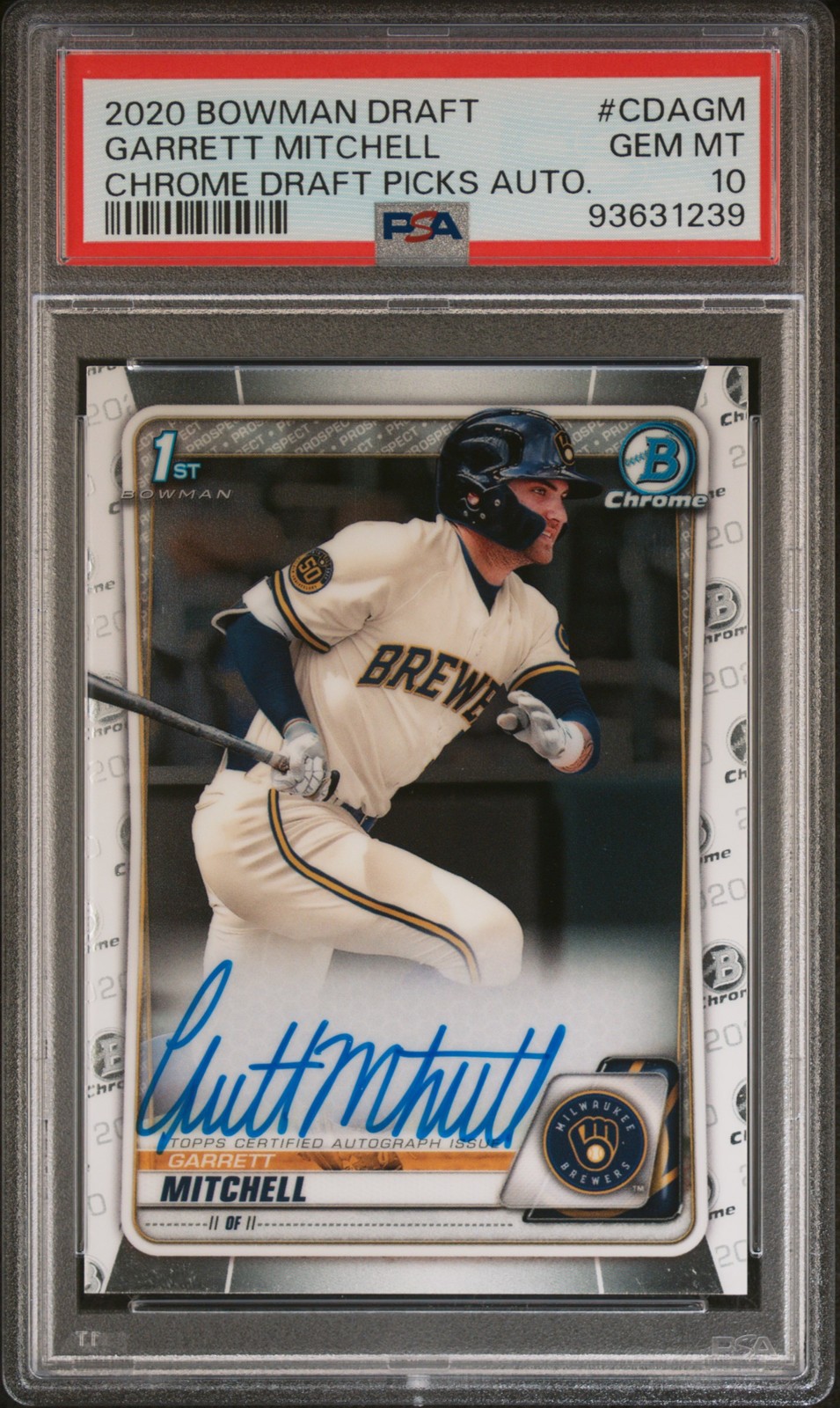 2020 BOWMAN DRAFT CHROME DRAFT PICKS AUTO #CDAGM GARRETT MITCHELL PSA 10 AUTO