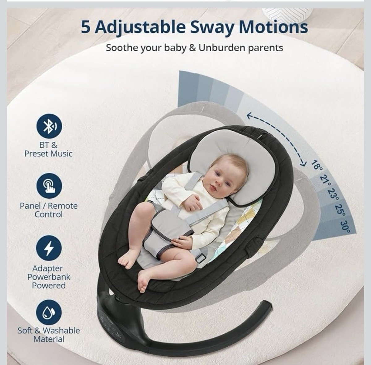 Bioby Baby Swing for Infants w/ 5 Natural Sway Speeds, Portable BT