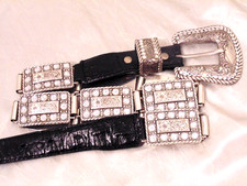 Vtg Nocona Black Leather Western Belt Silver Rhinestone Crystal Bling Concho M