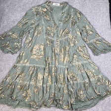 Jolie Moi Green And Foiled Tiered Holiday Dress Boho Chic Size Medium