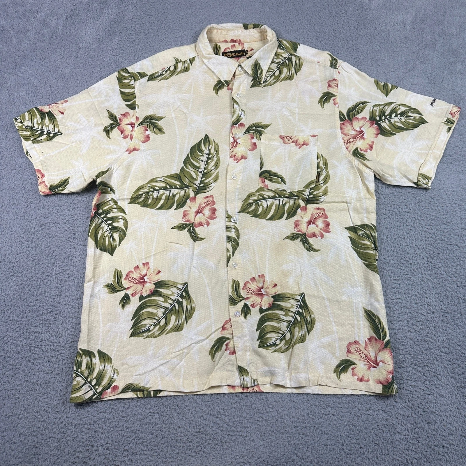 Vintage Billabong Hawaiian Shirt Mens XL Yellow Tropical Floral Rayon Pocket