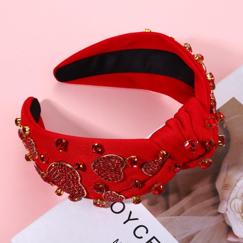Red Heart Valentine's Day Knotted Headband Beaded Rhinestone Crystal - Picture 2 of 5