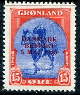 (661) VERY GOOD 1945 GREENLAND 15o LIBERATION SG21 FINE FRESH UNMOUNTED MINT