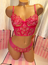 Victorias Secret Corset Bra Top  Panty Set Medium Pink Hearts