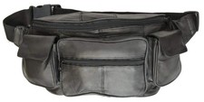 New Large Genuine Leather Waist Bag Fanny Pack with Two Cell One Size, Black