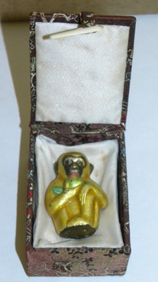 Vintage Enamel Painted Brass Netsuke Monkey Figurine In Box