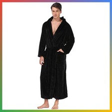 Mens Hooded Fleece Bathrobe Black Large XL Soft Plush Warm Robe Pockets