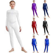 Kids Girls Leotard Figure Skating Jumpsuit Athletic Bodysuit Shiny Long Sleeve