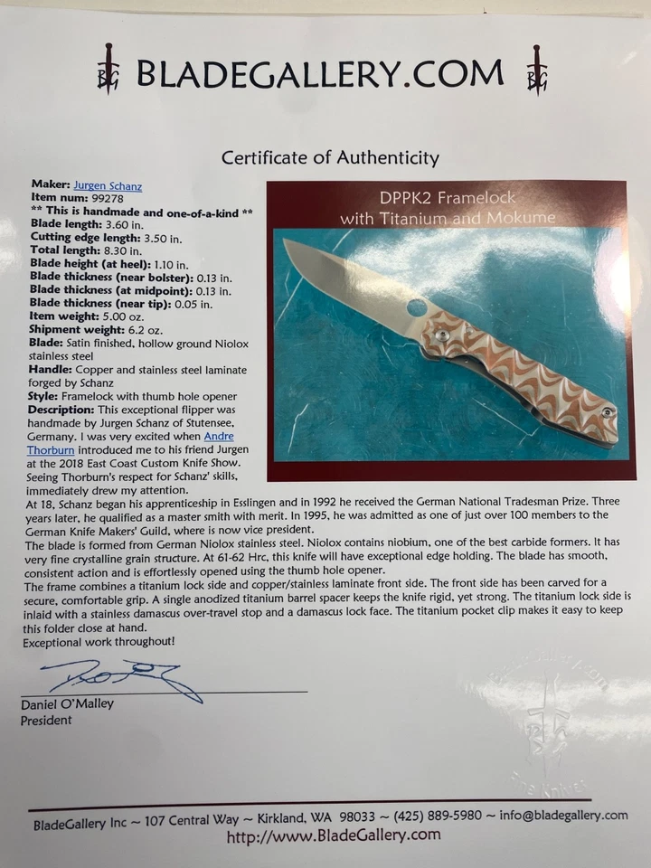 Cuchillo hecho a mano Juergen / Jurgen Schanz DPPK2 Framelock con titanio y Mokume Foto 3 de 4