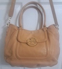 Tory Burch Tan Pebbled Satchel Shoulder Strap Logo Studded Gold Hardware Classic