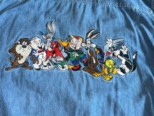 Vtg Looney Tunes Denim Shirt Mens Medium M Button Long Sleeve Warner Bros 90s