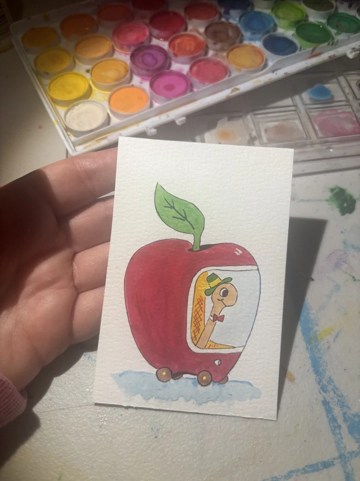 Original Art ACEO ATC Miniature Watercolor Lowly the Worm Richard Scarry  - Image 4 of 4