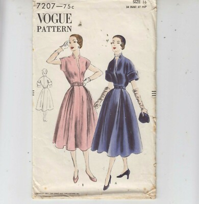 Vogue 7207 Misses Dress One-Piece Flared Skirt 1951 Sewing Pattern  Unprinted 16 | eBay