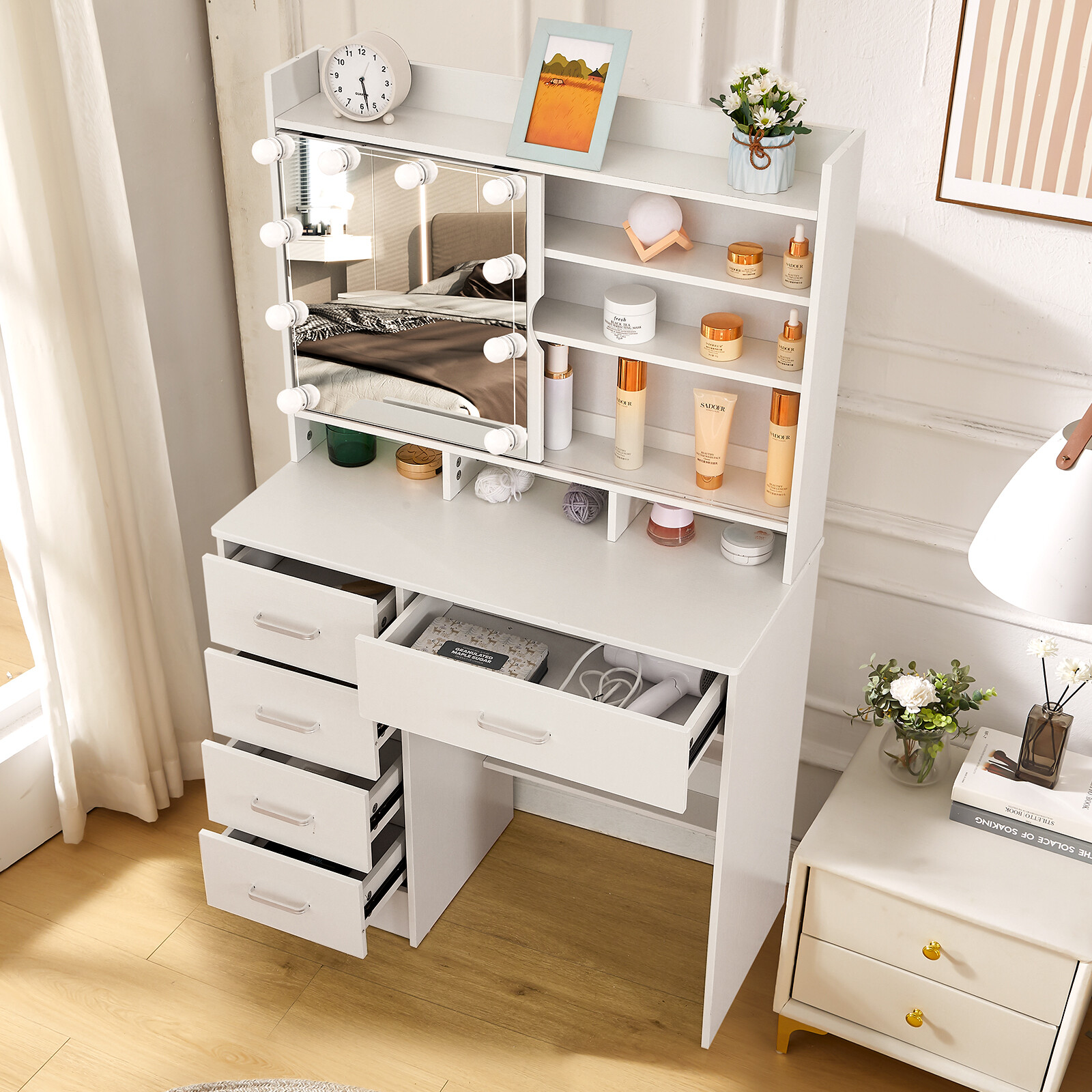 Vanity Table 10 LED Lights Makeup Dressing Desk Set 5 Drawers Bedroom Vanities