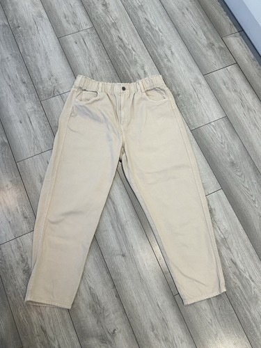H&M Mom Jeans Beige Relaxed Taper Leg Gummibund Reißverschluss Gr. UK 18