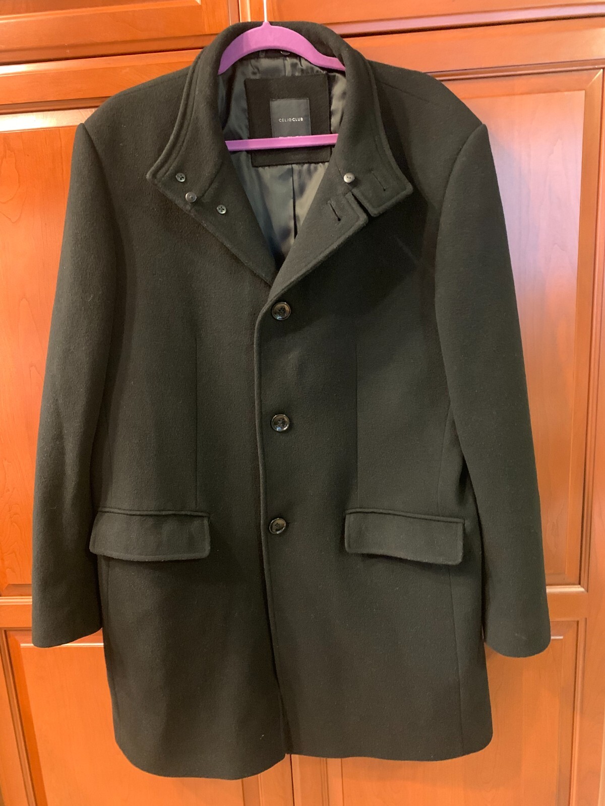 CELIO CLUB Long Wool Black Overcoat Men's Size Large Gem