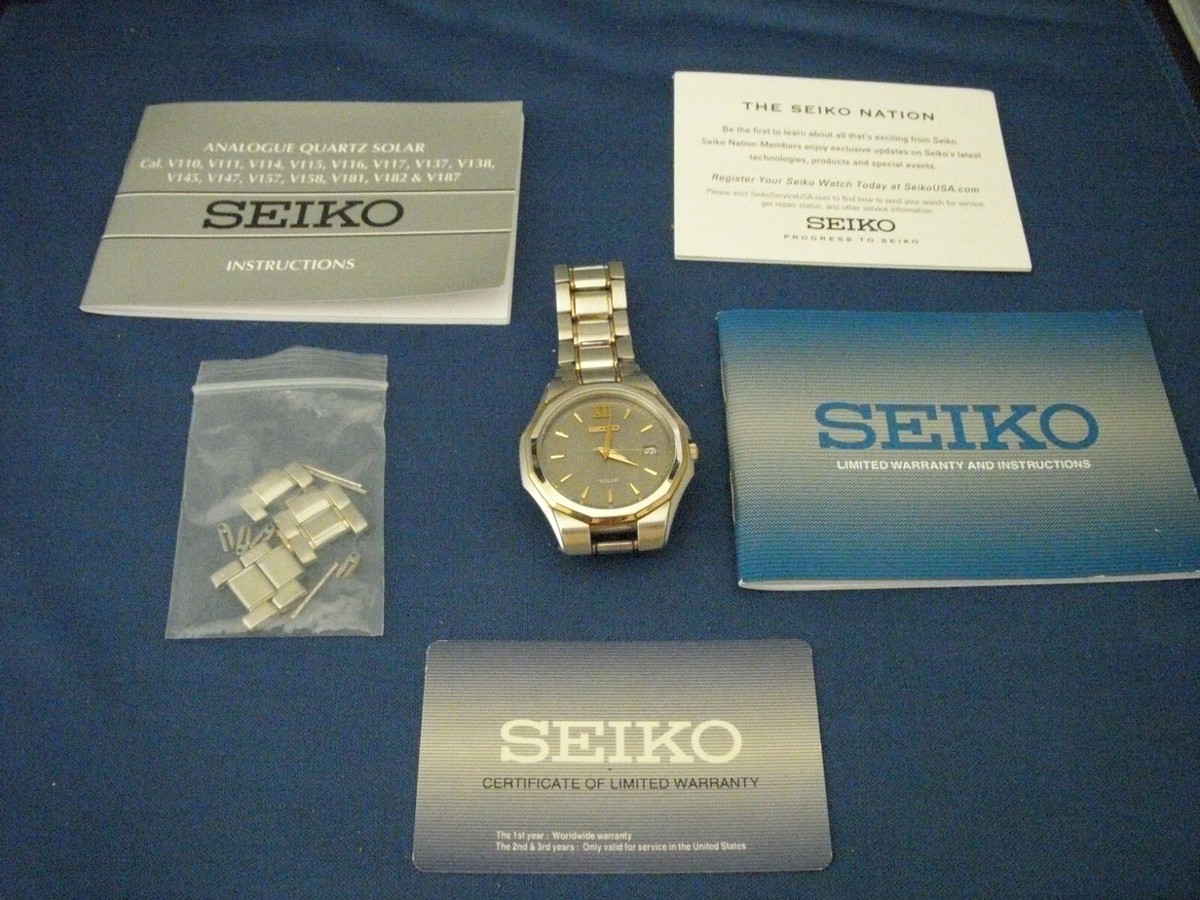 Men's Seiko V157-0AK0 Solar Watch Roman Numeral XII on Gray Face