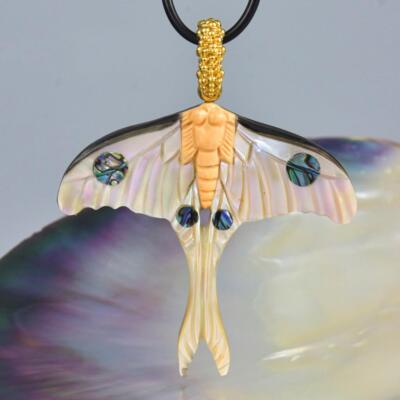 Luna Moth Butterfly Pendant Carved Shell & Gold Vermeil Sterling Silver 9.83g