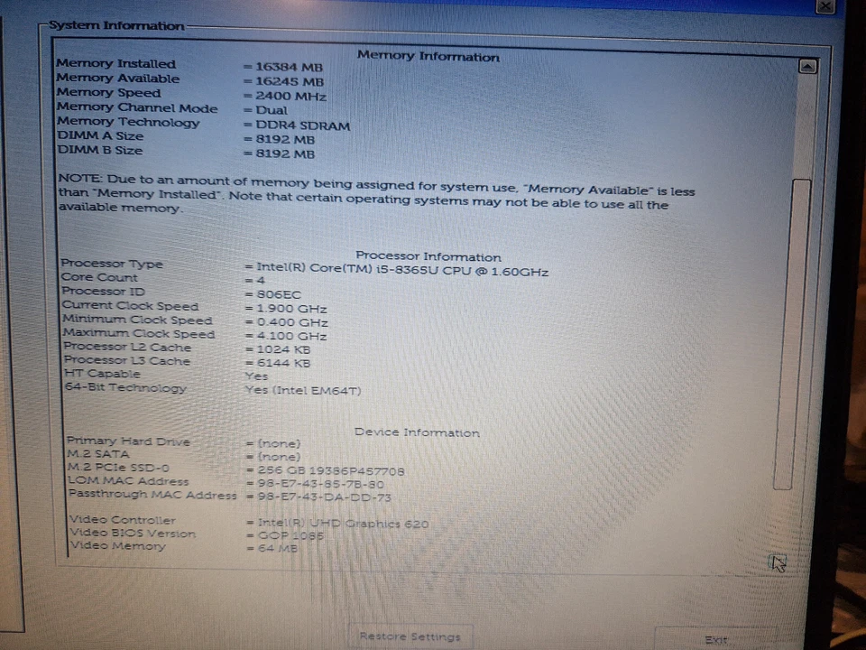 DELL Latitude E5400 13,9" i5-8365U 16Go / 256Go SSD M2 / W10 - Photo 2/4