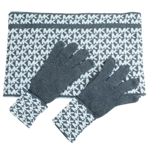 Michael Kors Logo Polyester Gray Black Breathable Stretch Scarf Gloves Set OS