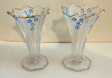 Pair of Vintage Hand-Painted Enamel Blue Flowers Clear Glass Vases w/Gold Gilt