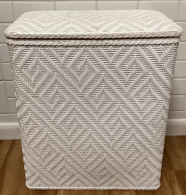 Vintage Lamont Athena White Wicker Laundry MCM Clothes Hamper Greek Key Design