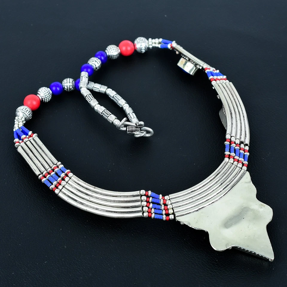 Lapis Lazuli Coral Handmade 925 Sterling Silver Tibetan Nepali Necklace 18" PG54 - Image 4 of 4