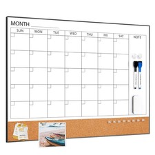 Magnetic Dry Erase Calendar Whiteboard with Cork Board, 24x18, Black Frame