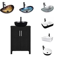 24Inch Bathroom Vanity Single Cabinet w/ Vessel Sink Combo Black Faucet  Drain