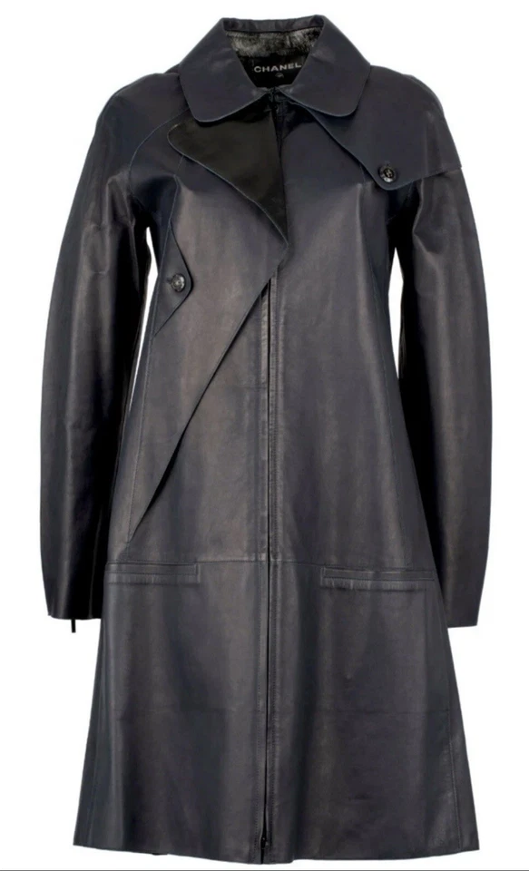 8k Chanel 2014 Leather Long Black Coat Jacket Taylor swift patch 34 36 38 S M XS - Image 4 of 4