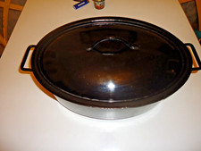 Bräter Topf oval Gänsebräter Deckelpfanne Eisen Emaille schwarz antik 1940er