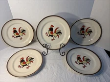 Vintage Metlox Poppytrail Rooster 10” Dinner Plates Made In USA Set Of 5