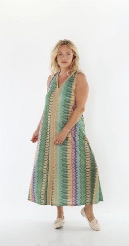 Damen Midi Maxikleid Retro Sommerkleid Glitzer Zacken grün beige Gr. 38 40 42 - Bild 3 von 5