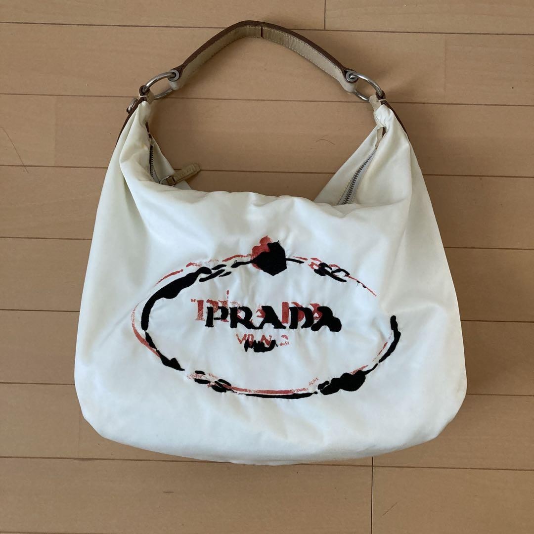 Prada Shoulder Bag White Beige Logo Leather Satchel Designer Handbag Luxury