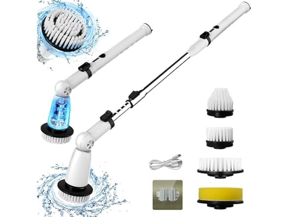 Swtroom Electric Spin Scrubber with Extended Handle and Brush Heads in White/Black