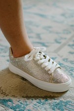 NEW Champagne Gold Rhinestone Lace Up Fashion Sneakers Low Flat Platform Slip-On