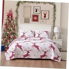 Christmas King Quilt Bedding Set 1 Reindeer Printed King 106x96" Red Dear