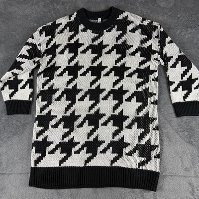 Page One Damen Strickpullover XL Schwarz Weiß Hahnentritt Longpullover
